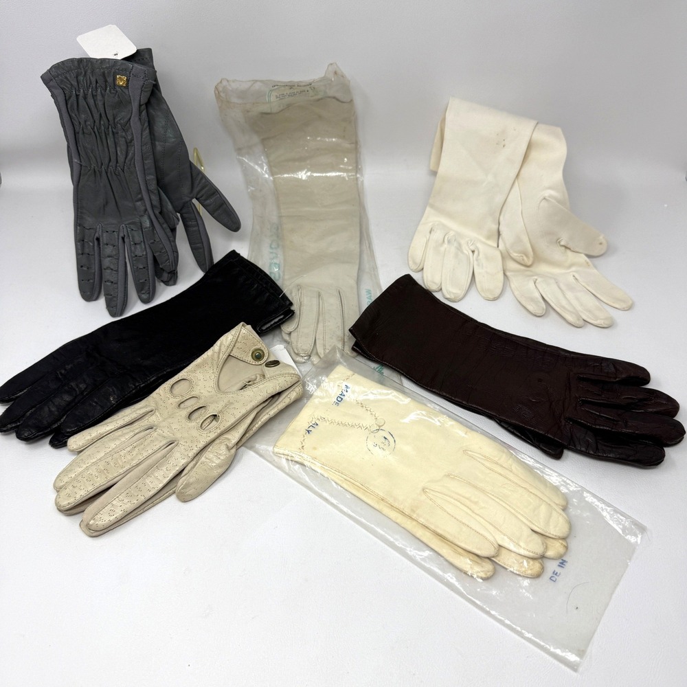 Vintage Womens Gloves Lot 7 Pair Leather Driving Opera Ivory Black Brown 6.5 7.5